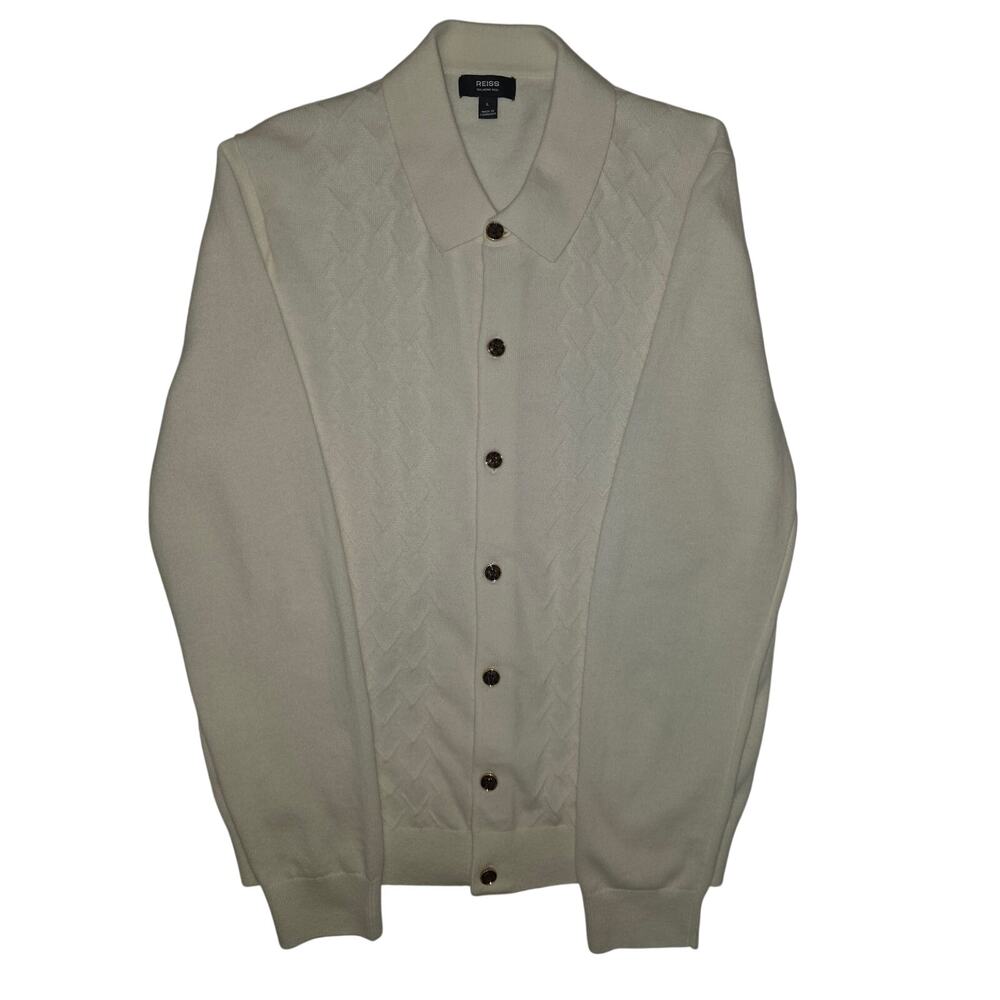 Men's L Reiss Ivory V-Stitch Button-Up Long Sleeve Merino Wool Cardigan